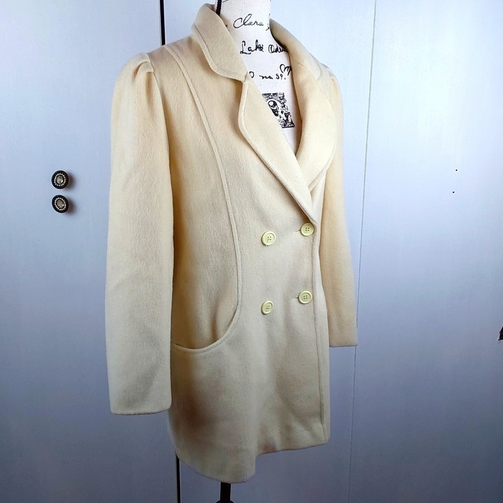 Herman Kay Petites |Womens Cream Wool Double Breasted Dress Coat Trench  Sz.L